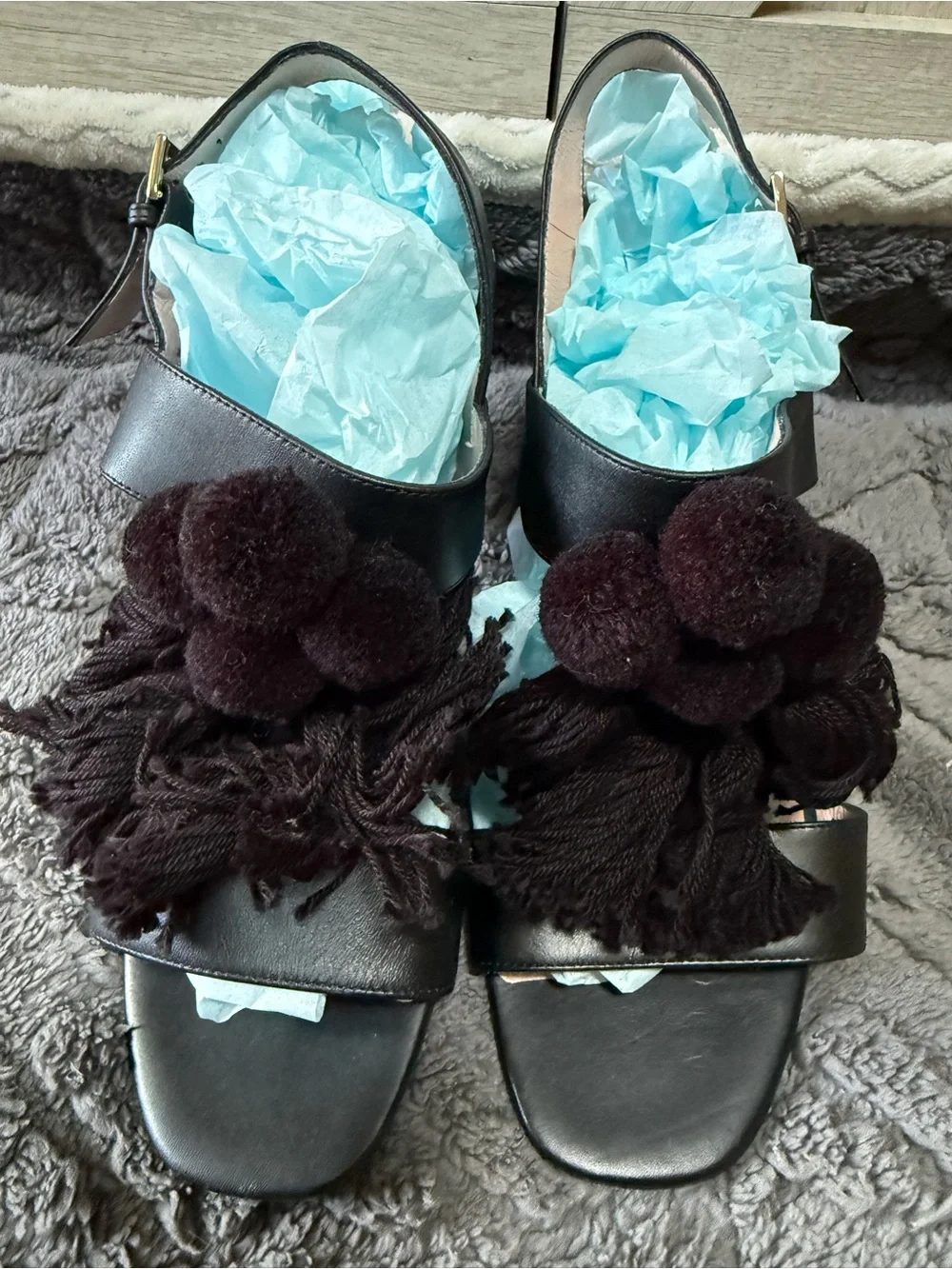 Kate Spade New York-Black leather boho tassel block sandals - “Central Too”(8)